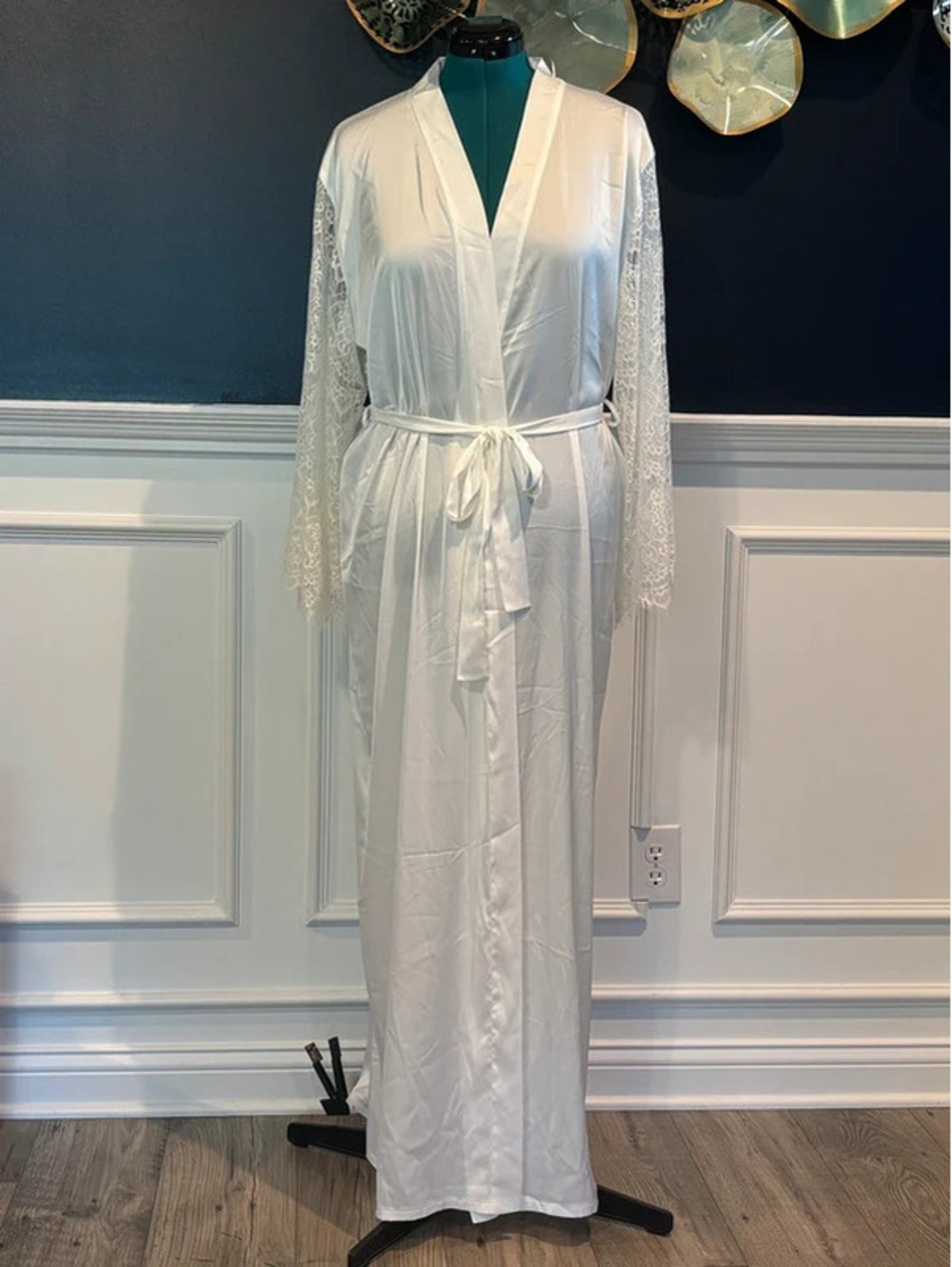 White Satiny Finish & Lace Long Bridal Robe Belted Wedding Getting Ready Robe